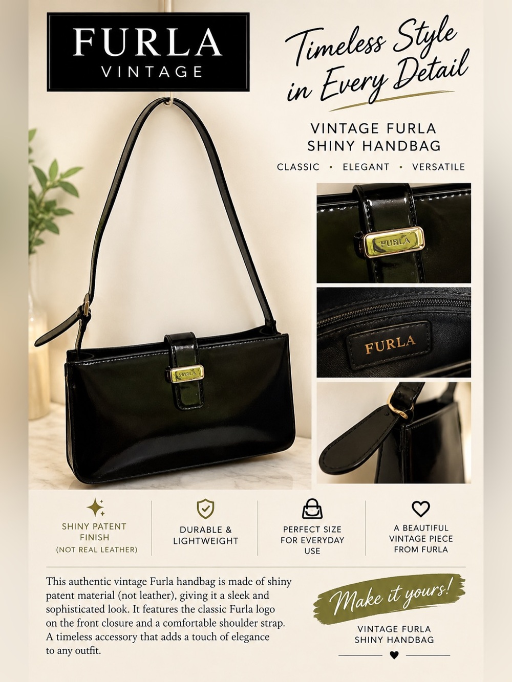 vintage black shiny Furla shoulder bag featuring metallic front